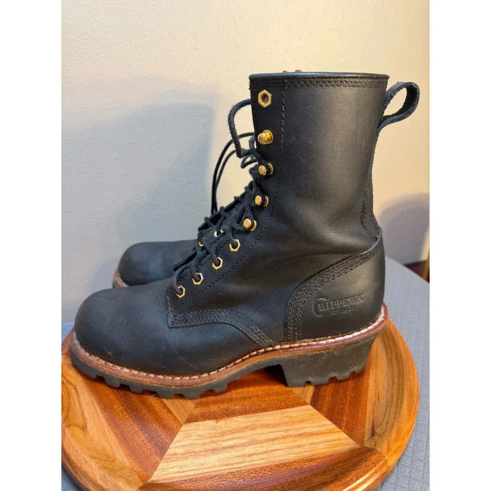 Chippewa Mens 73015 Black Leather Logger Work Boots Vibram Sole 8.5 M